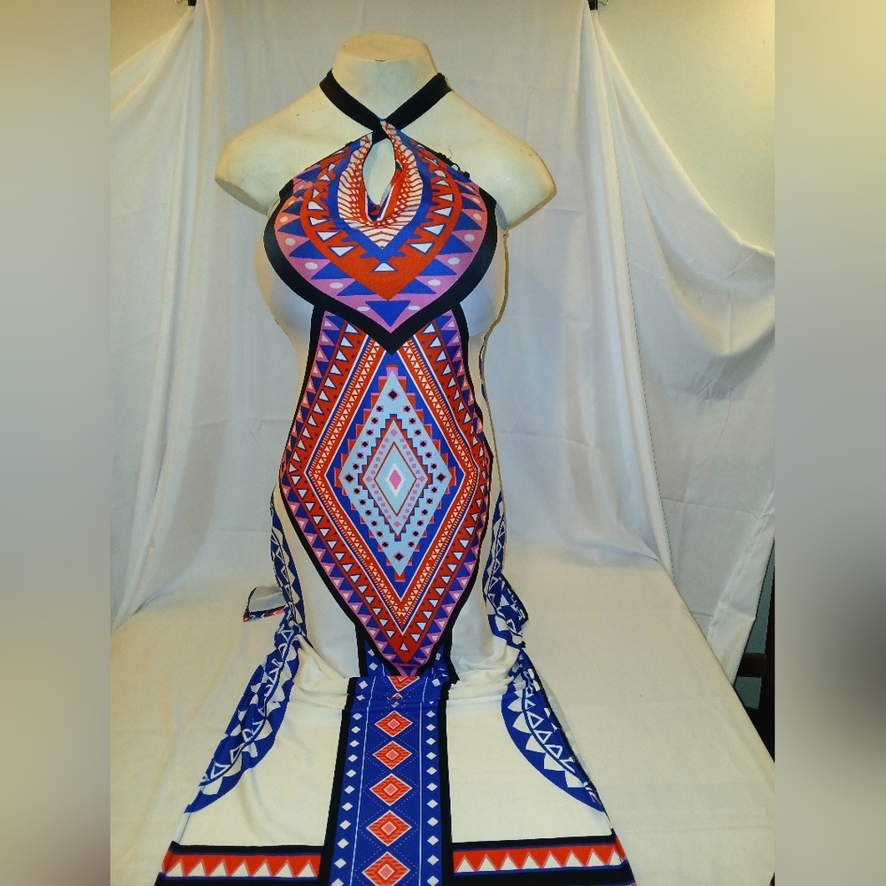 Elegant Blue and Red Geometric Maxi Dress.